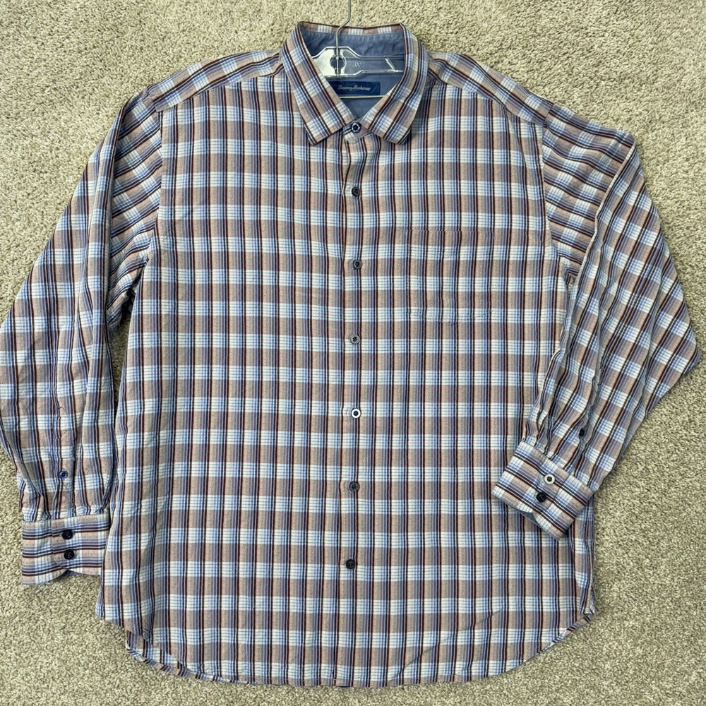 Tommy Bahama Shirt Mens XL Plaid Blue Brown Silk Button-down EUC